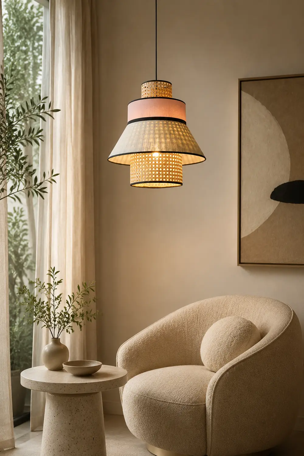 Ritta Farmhouse Fabric/Rattan Pendant Light, 2 Style - Lumpaz