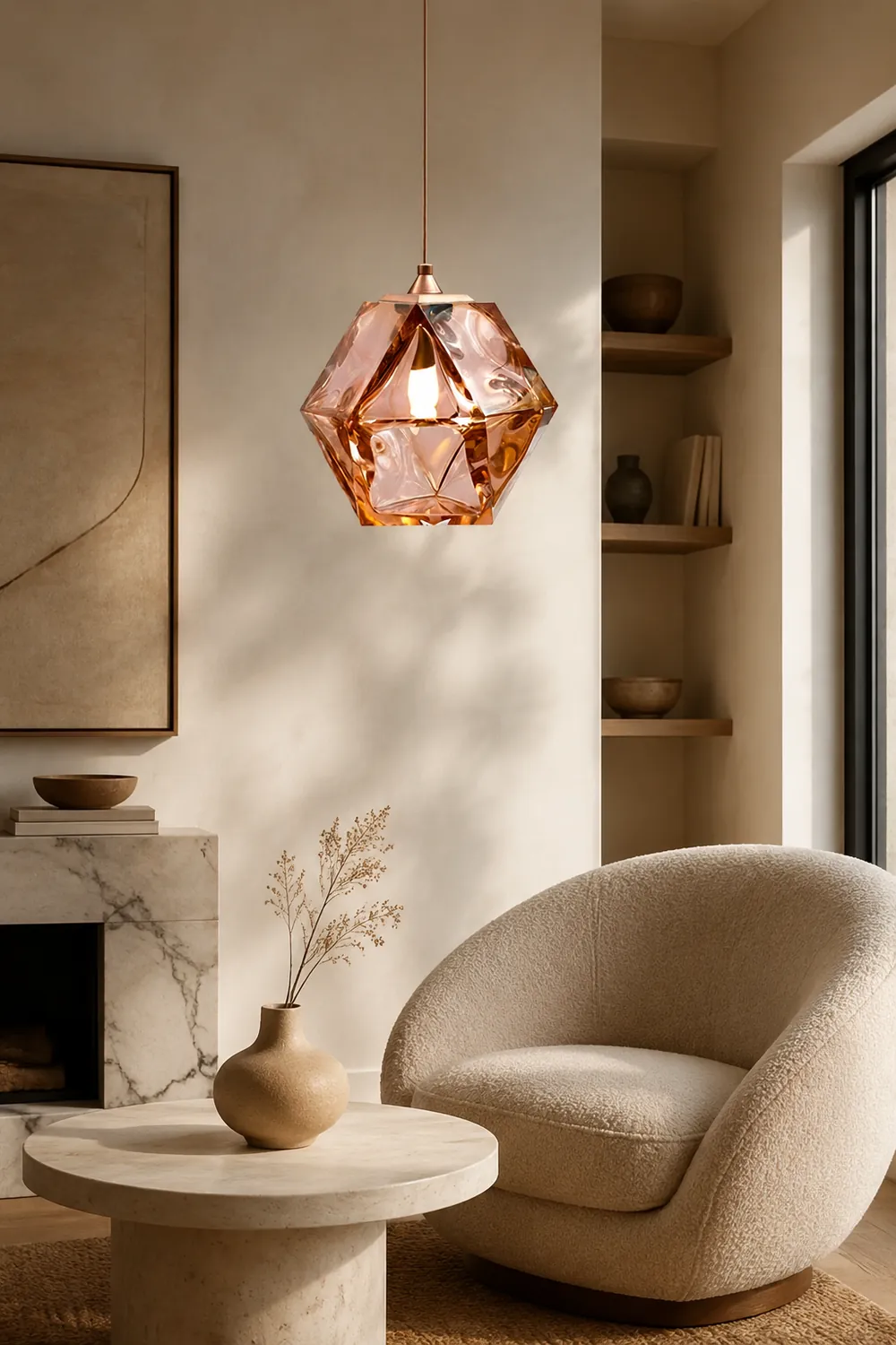 Hailie Modern Glass Multi Polygonal Pendant Light, White/Smoke Gray/Rose Gold - Lumpaz