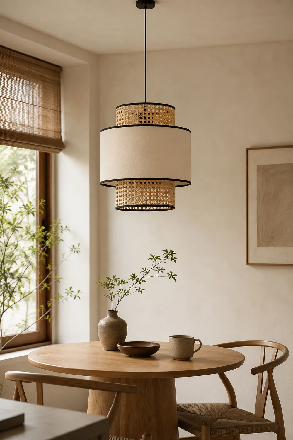 Ritta Retro Fabric and Rattan Pendant Light, Beige - Lumpaz