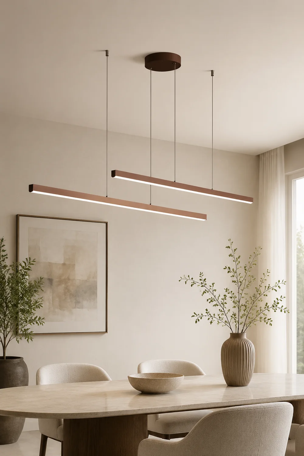 Edge Modern Minimalist Double-Linear Metal Pendant Light, Brown - Lumpaz