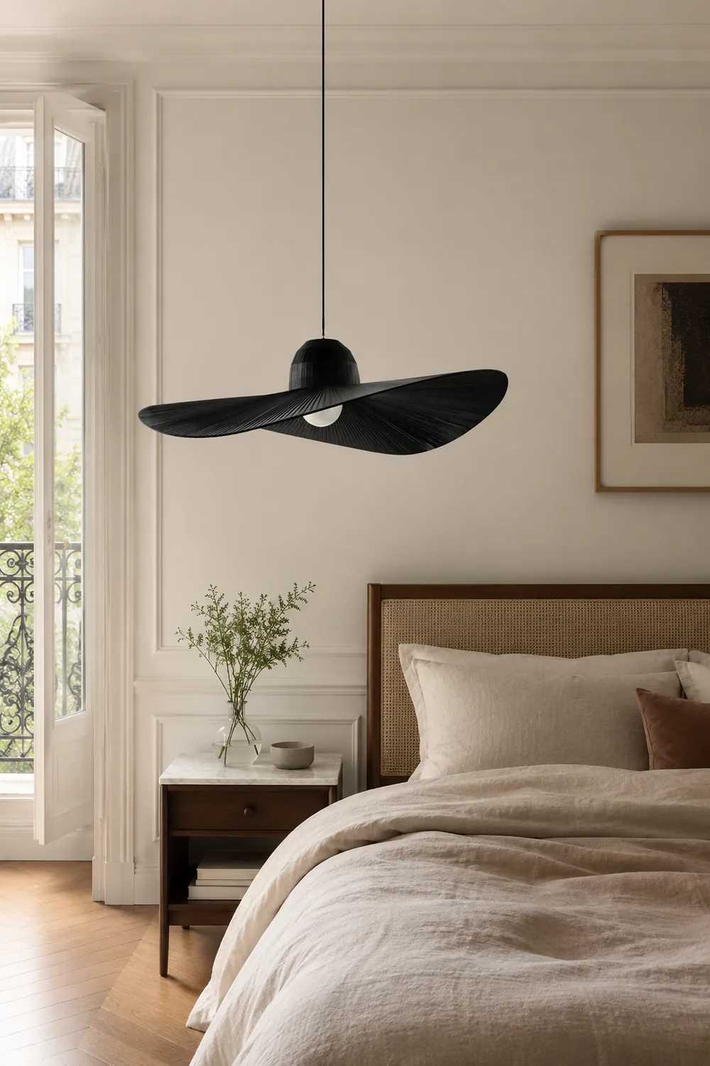 Renée Modern Woven Wide-Brimmed Hat Shape Metal/Fabric Pendant Light, Black/White - Lumpaz