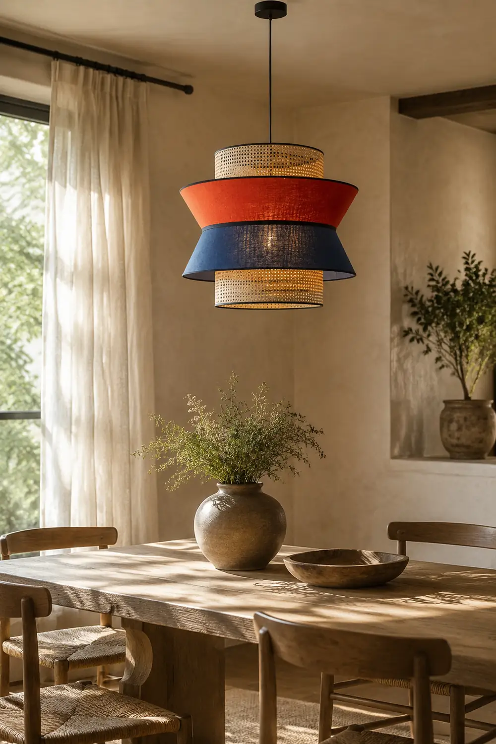 Ritta Fabric and Rattan Pendant Light, Orange/Dark Blue - Lumpaz