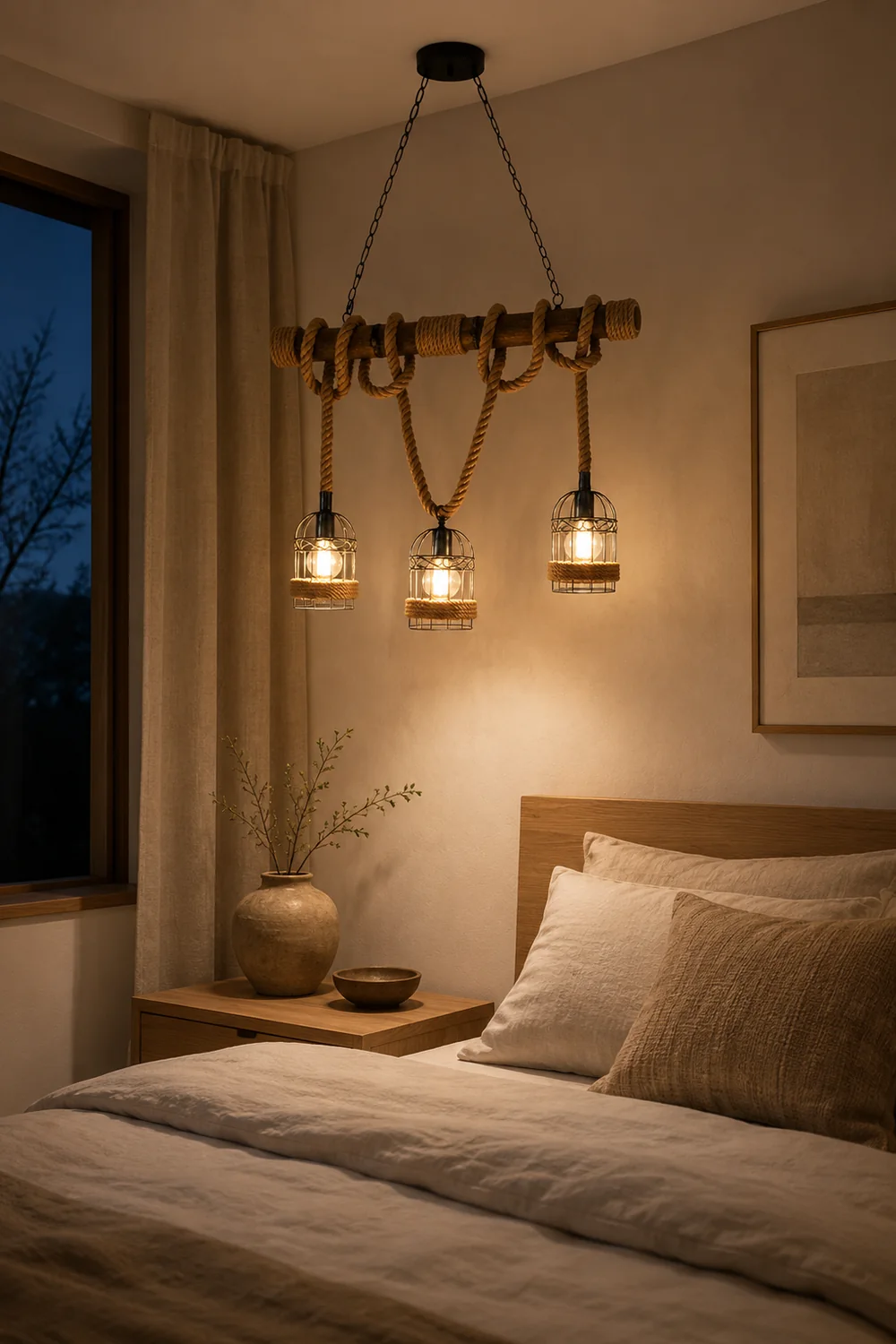Alessio Vintage Wood Pendant Light, 3 Heads, Hemp rope&Metal - Lumpaz