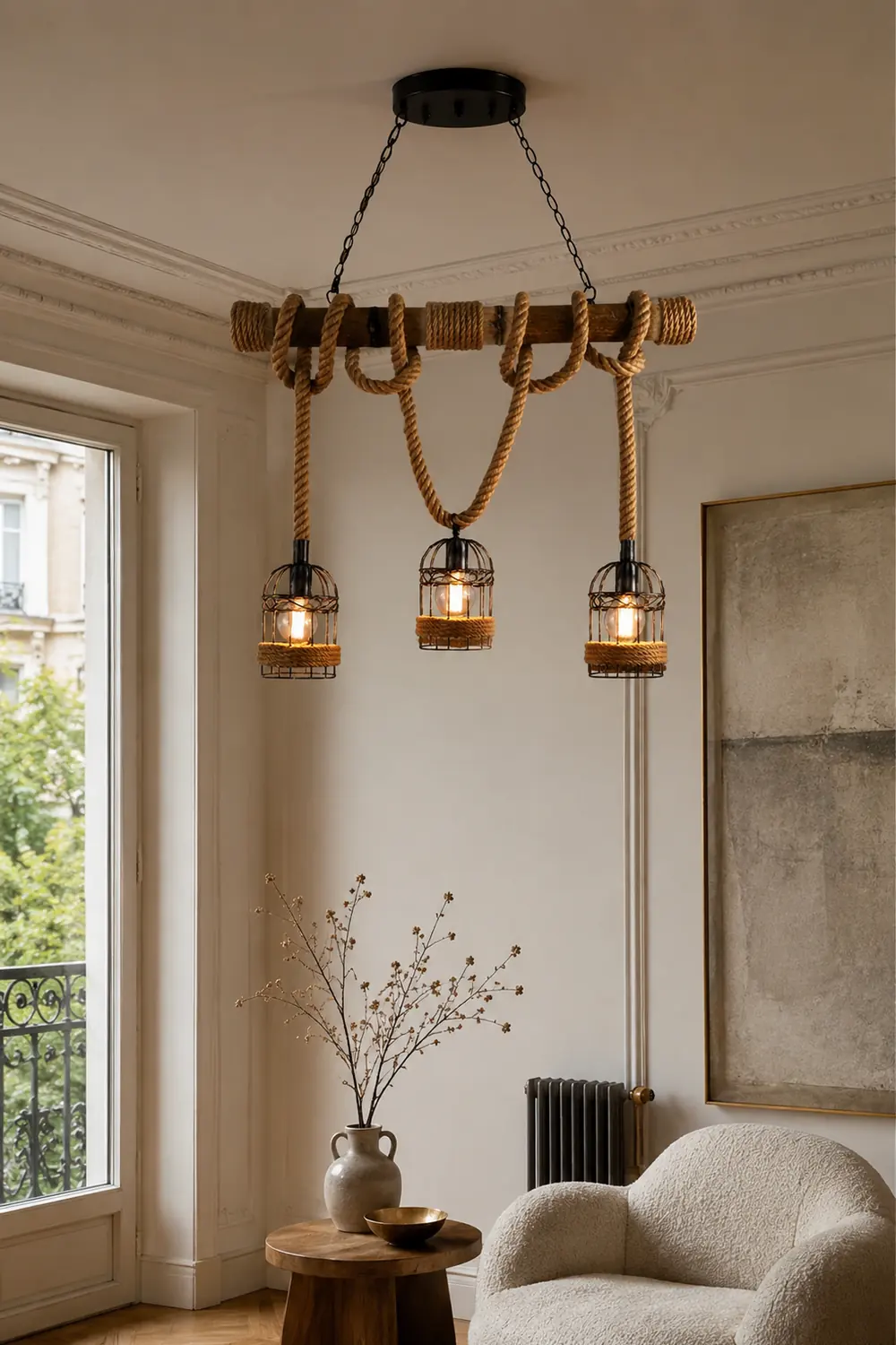 Alessio Vintage Wood Pendant Light, 3 Heads, Hemp rope&Metal - Lumpaz