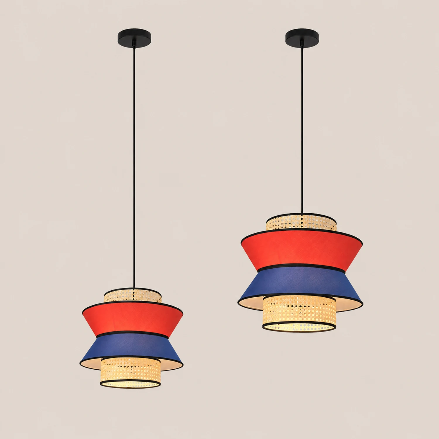 Ritta Fabric and Rattan Pendant Light, Orange/Dark Blue - Lumpaz