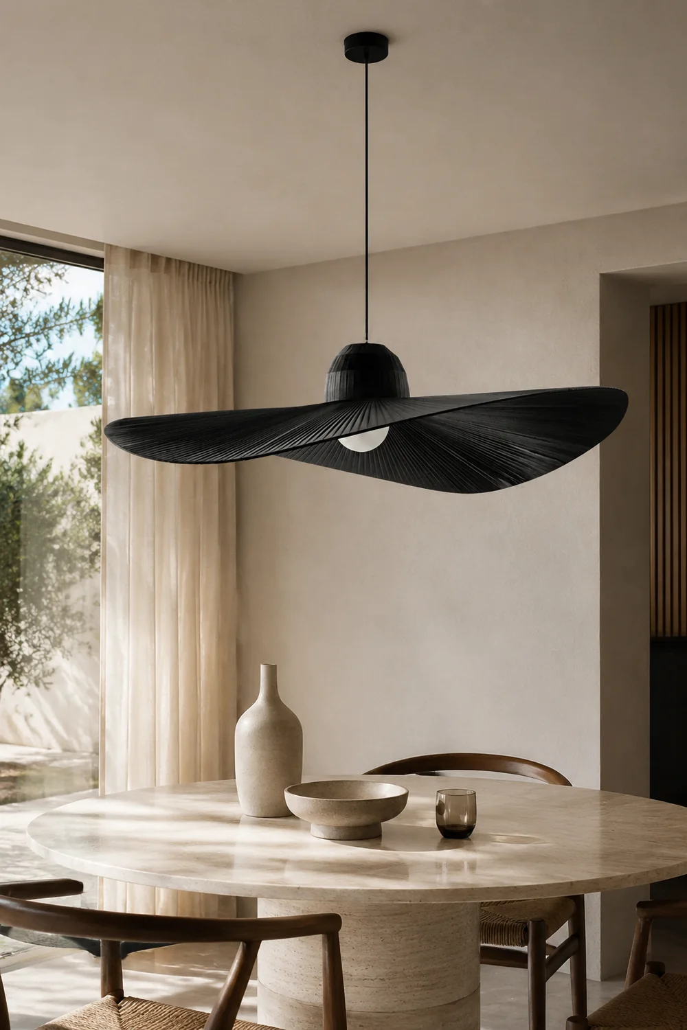 Renée Modern Woven Wide-Brimmed Hat Shape Metal/Fabric Pendant Light, Black/White - Lumpaz