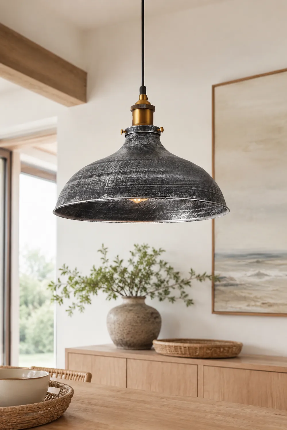 Alessio Distressed Bowl Metal Pendant Light, Dining Room, Hallway - Lumpaz