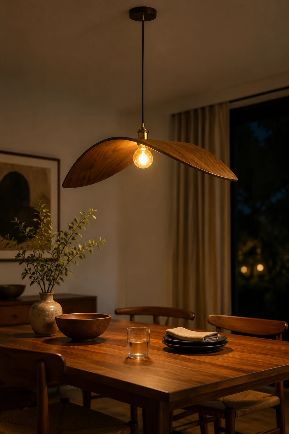 Ozawa Curved Art Pendant Light, Metal & Wood - Lumpaz