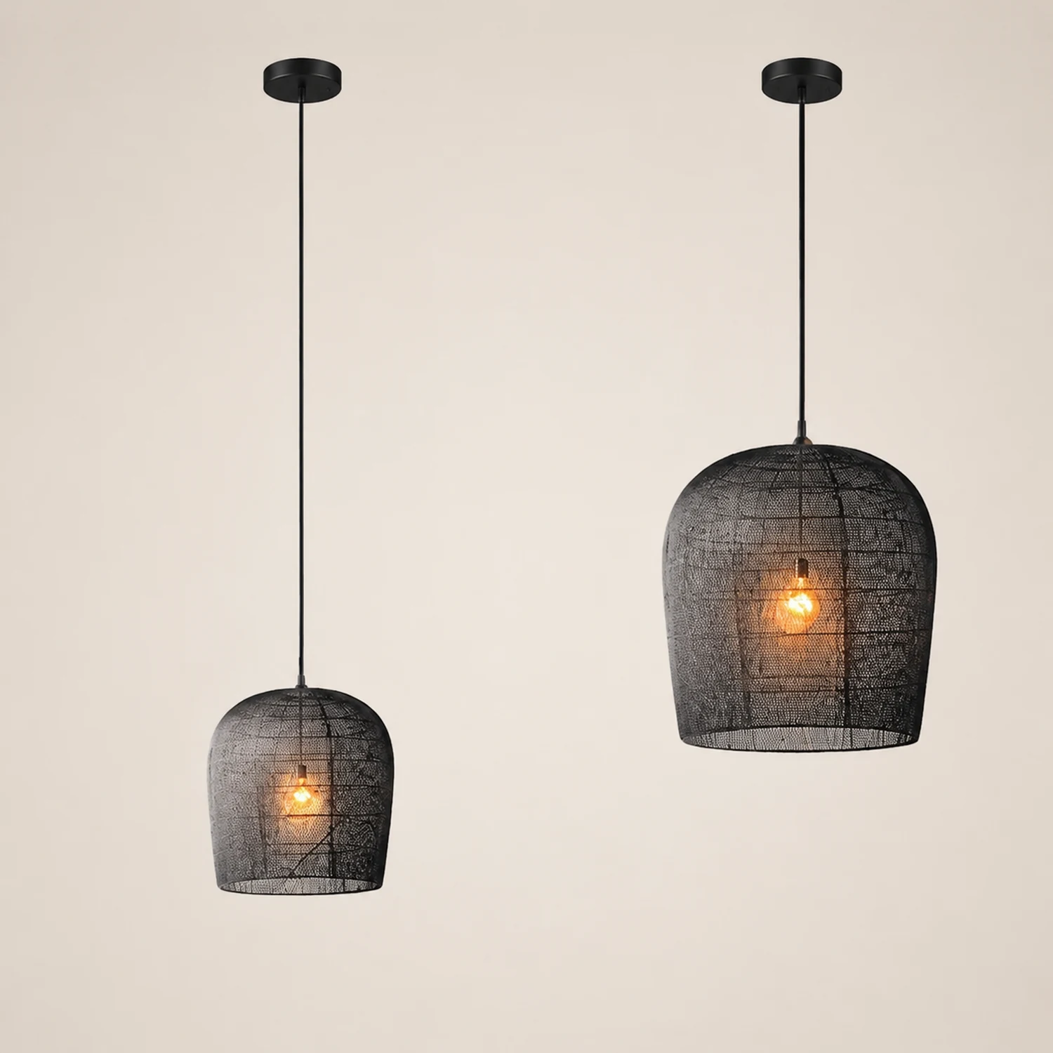 Ritta Wabi Sabi Bird Cage Rattan/Metal Pendant Light, Black/White - Lumpaz