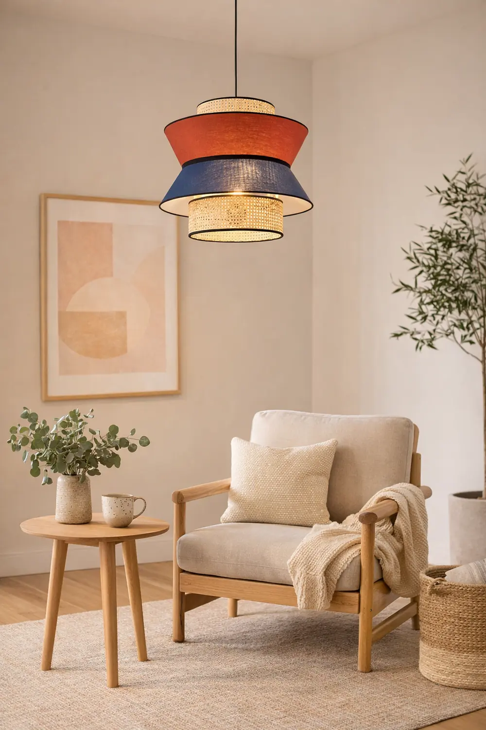 Ritta Fabric and Rattan Pendant Light, Orange/Dark Blue - Lumpaz