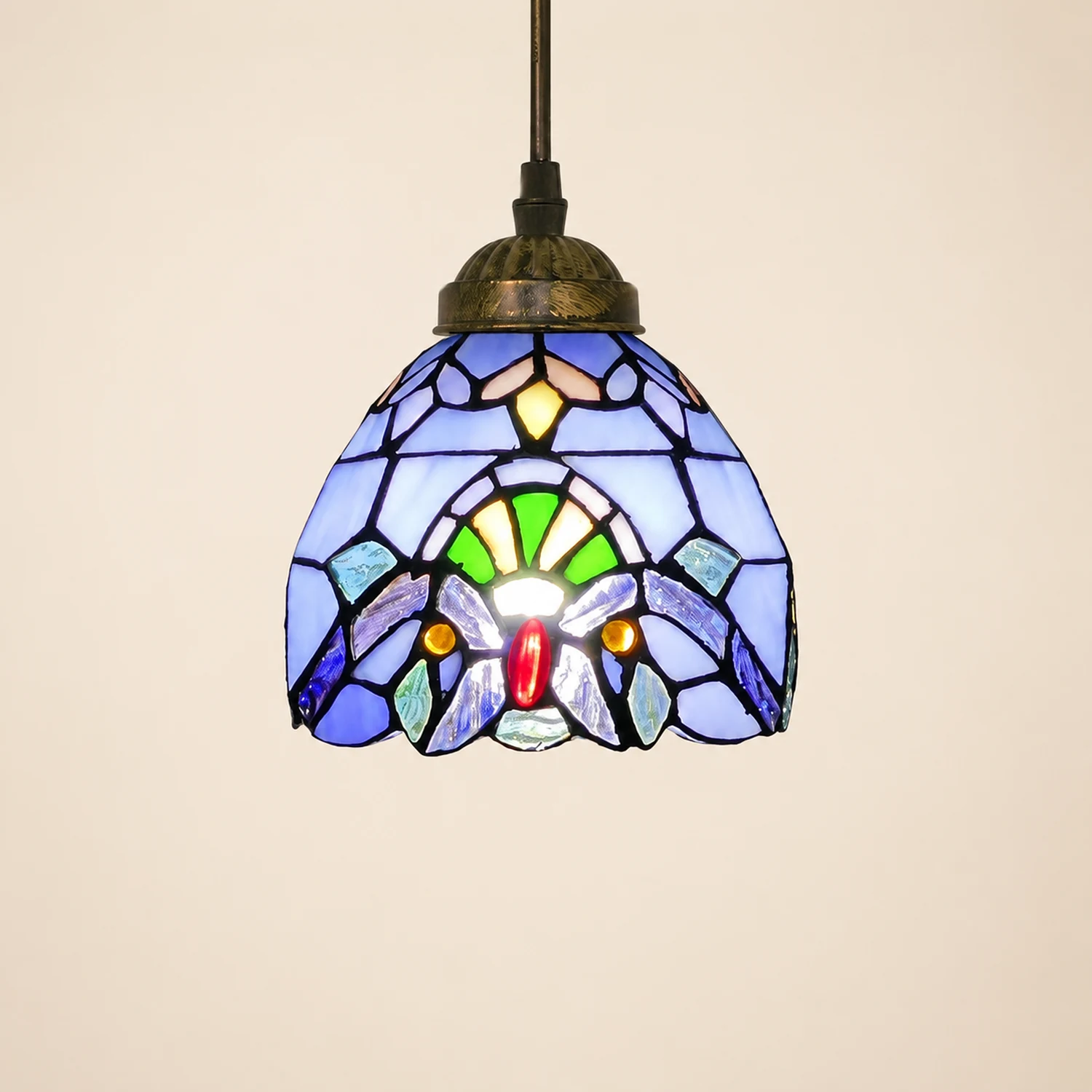 Alessio Tiffany Multicolor Bell Pendant Light, Yellow/Beige/Brown/Khaki/Blue/Purple - Lumpaz