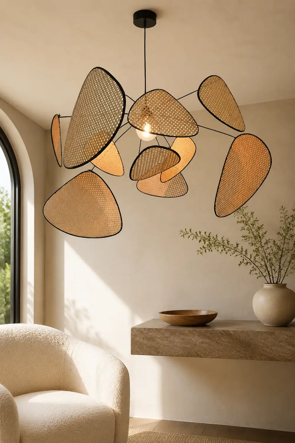 Ritta Pendant Light Leaf Grid, Rattan/Metal, Bedroom - Lumpaz