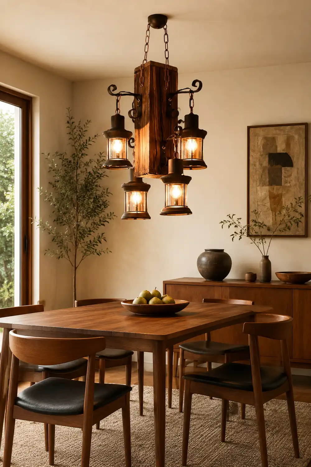 Austin Vintage Rectangular Metal/Wood Hanging Pendant Light，Wood - Lumpaz