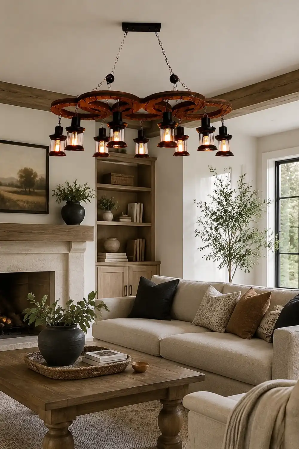Austin Vintage 5 Ring Metal/Wood Pendant Light, Walnut - Lumpaz