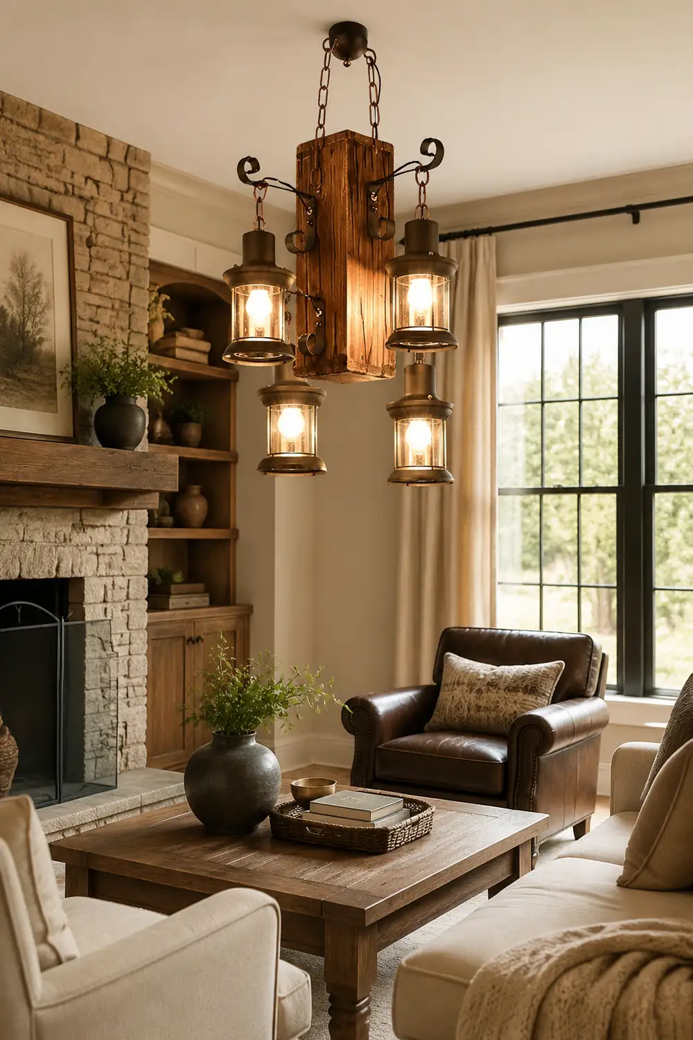 Austin Vintage Rectangular Metal/Wood Hanging Pendant Light，Wood - Lumpaz