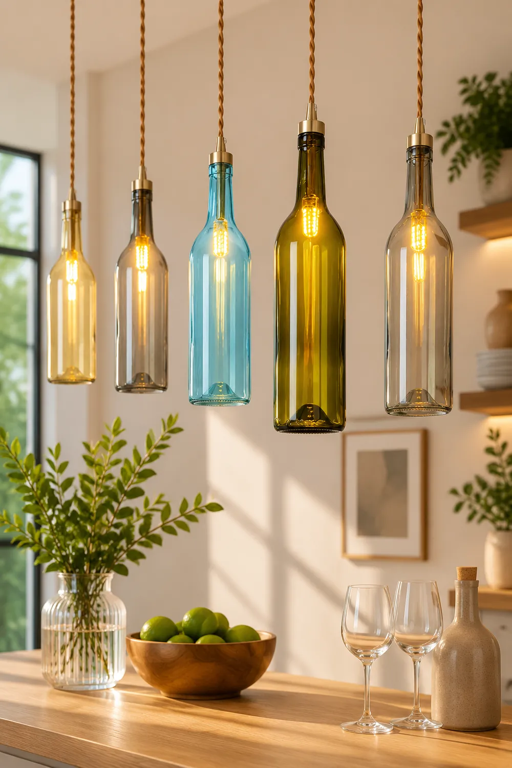 Hailie Industrial Wine Bottle Glass Pendant Light, Colorful - Lumpaz