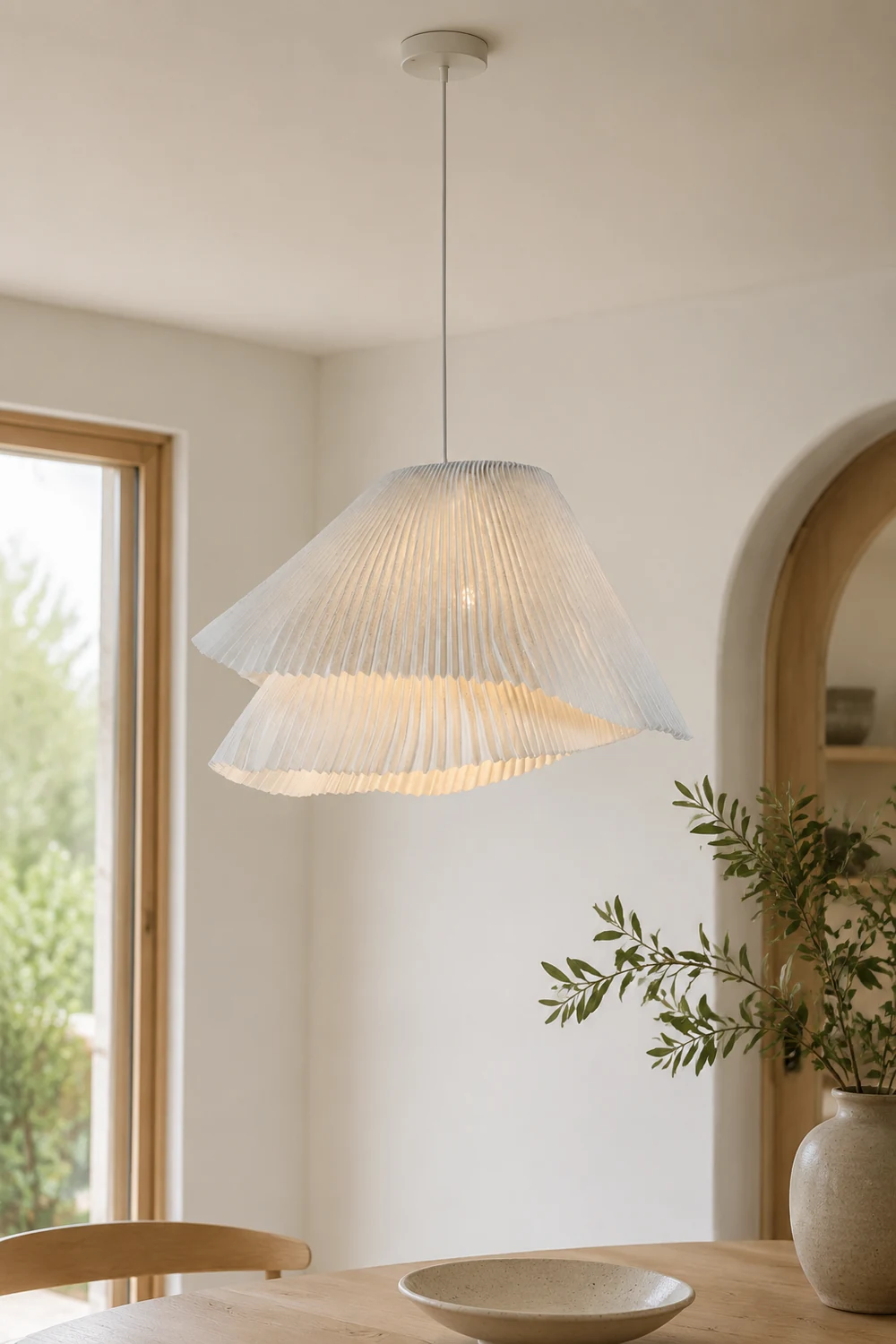 Renée Pendant Light Pleated Artificial Art Deco, Fabric, White, Bedroom - Lumpaz