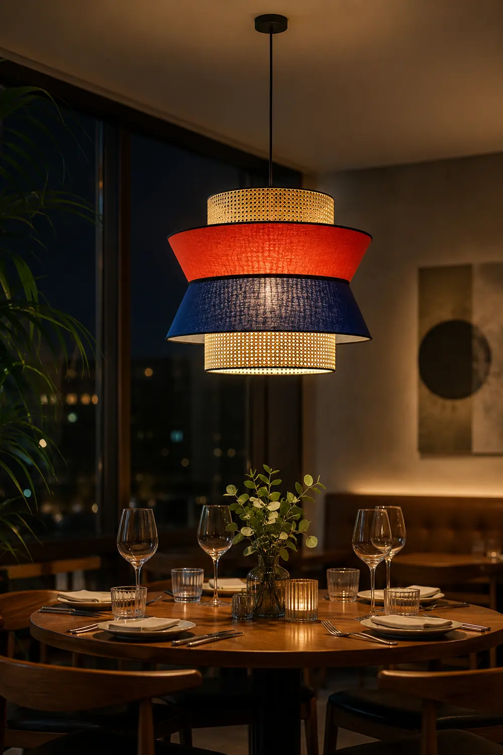 Ritta Fabric and Rattan Pendant Light, Orange/Dark Blue - Lumpaz