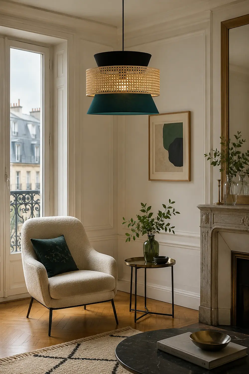 Ritta Retro Rattan/Fabbric Pendant Light, Dark Green - Lumpaz