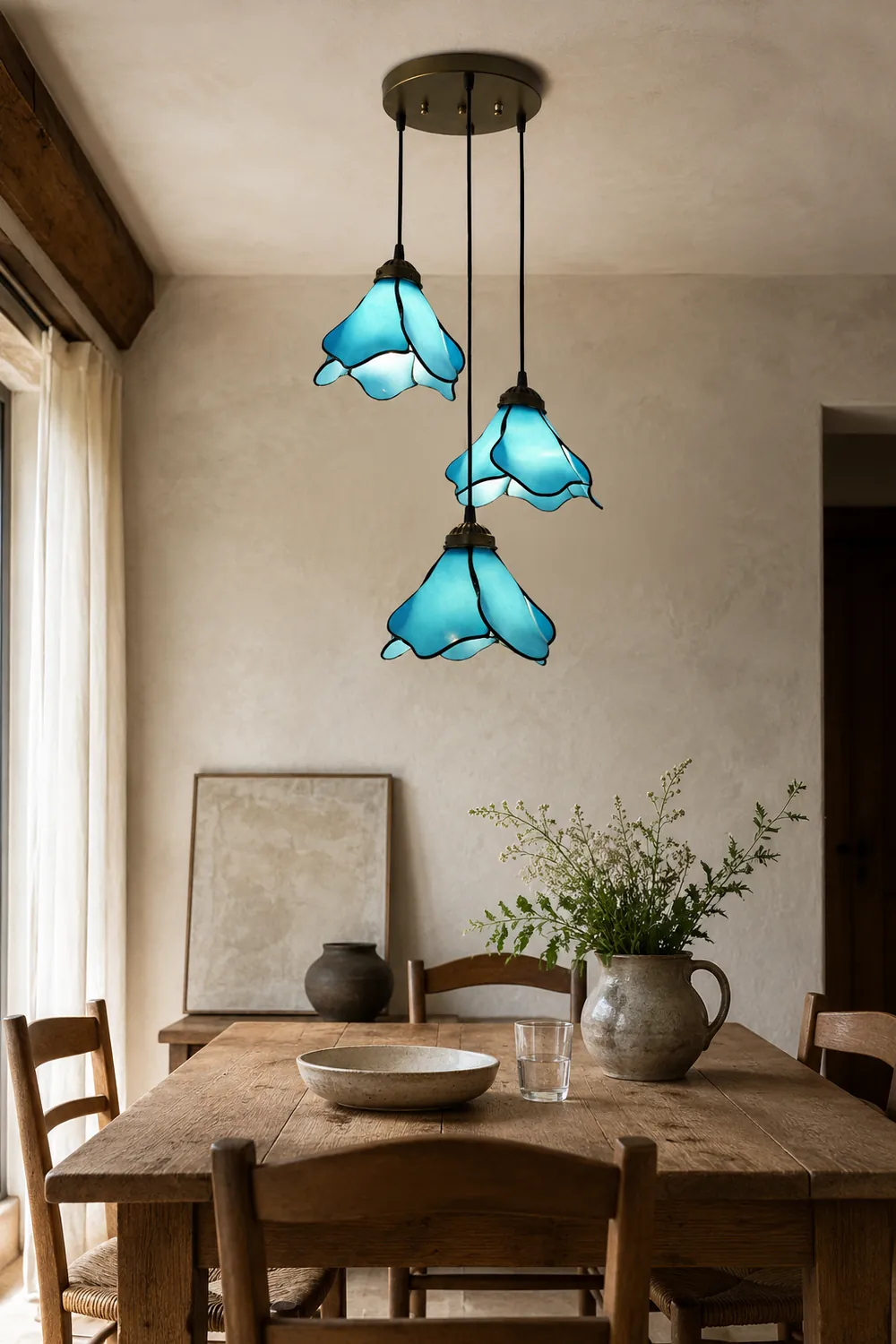 Félicie Flower Stained Glass Pendant Light, Blue/Pink, 1/3 Heads - Lumpaz