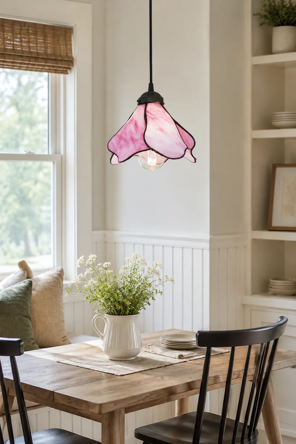 Félicie Flower Stained Glass Pendant Light, Blue/Pink, 1/3 Heads - Lumpaz