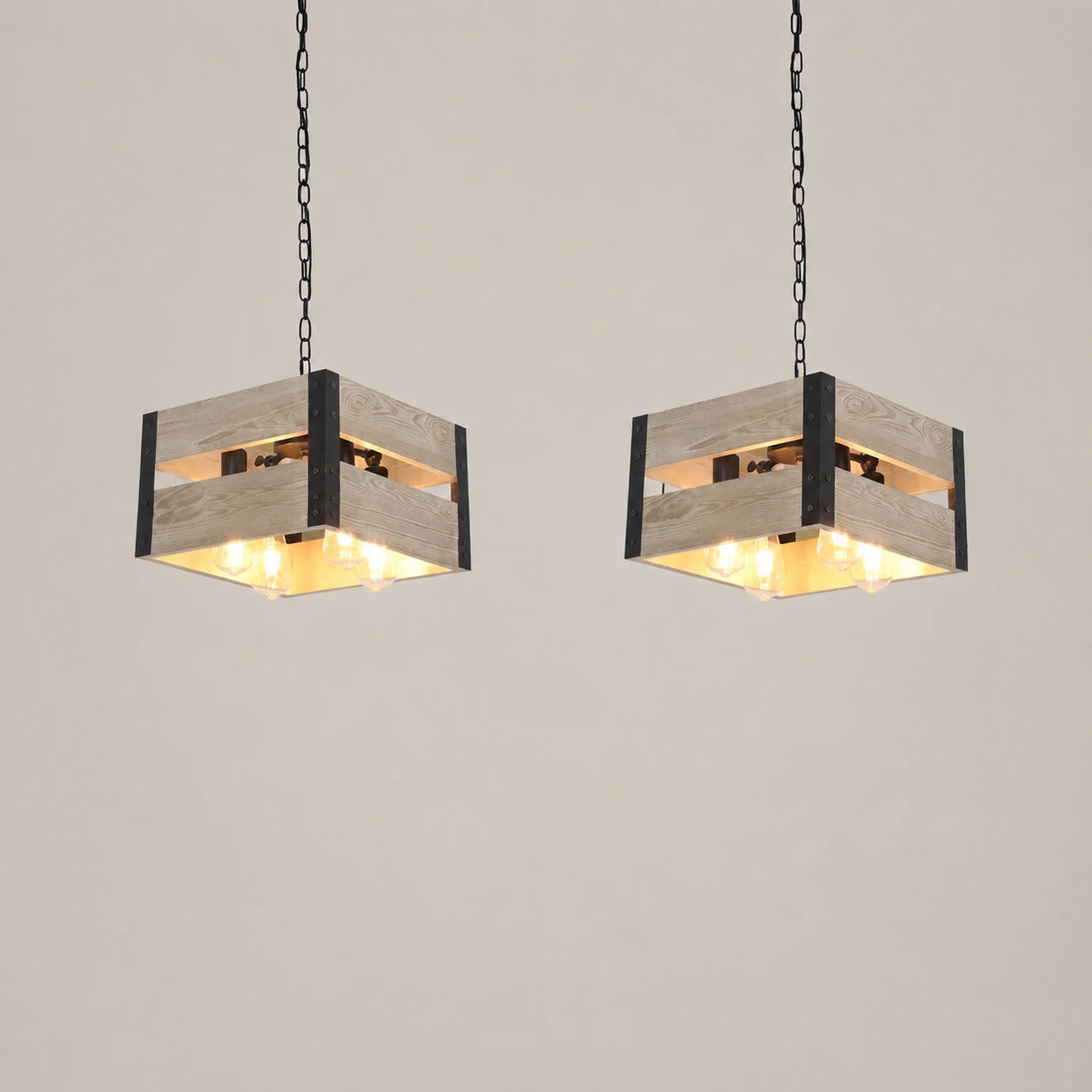 Alessio Retro Square Metal & Wood Pendant Light, 4 Heads, 2 Style - Lumpaz