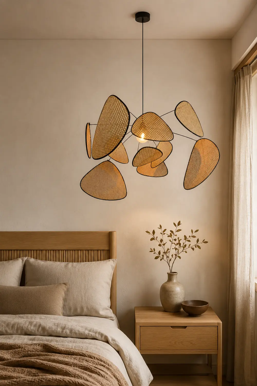 Ritta Pendant Light Leaf Grid, Rattan/Metal, Bedroom - Lumpaz
