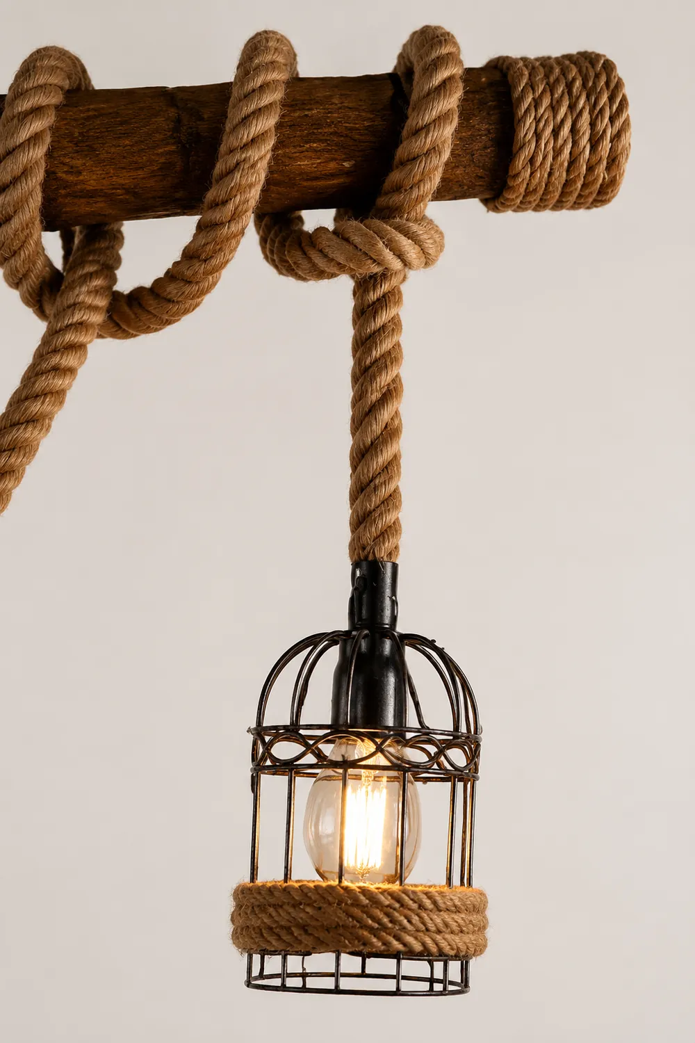 Alessio Vintage Wood Pendant Light, 3 Heads, Hemp rope&Metal - Lumpaz