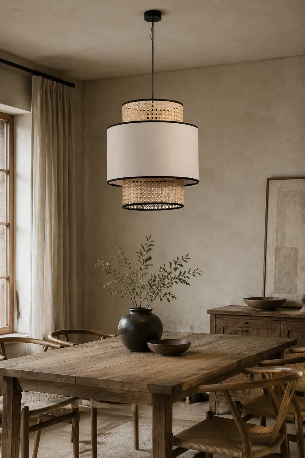 Ritta Retro Fabric and Rattan Pendant Light, Beige - Lumpaz