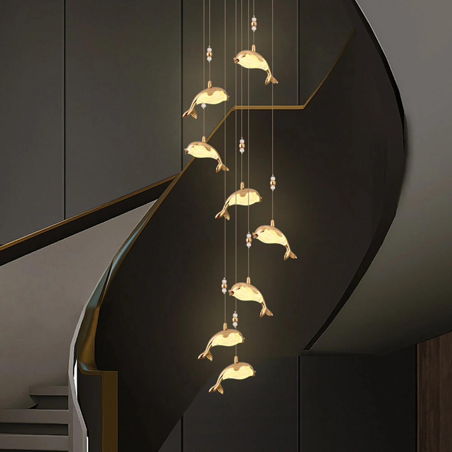 Jibril Modern Dolphin Metal Pendant Light, Gold, Metal/Acrylic - Lumpaz