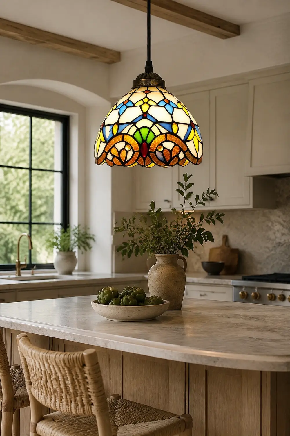 Alessio Tiffany Multicolor Bell Pendant Light, Yellow/Beige/Brown/Khaki/Blue/Purple - Lumpaz