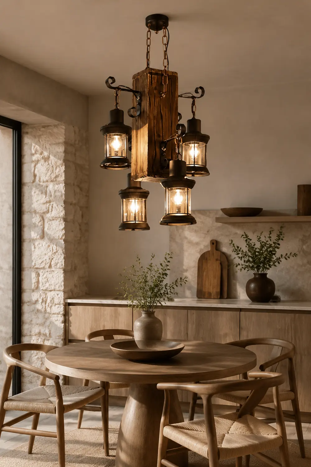 Austin Vintage Rectangular Metal/Wood Hanging Pendant Light，Wood - Lumpaz