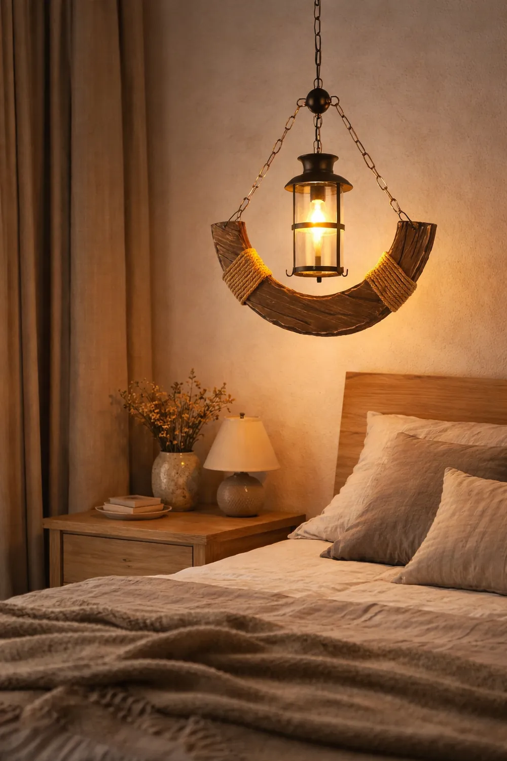 Austin Retro Rustic Arc Metal/Wood Lantern Glass Pendant Light - Lumpaz