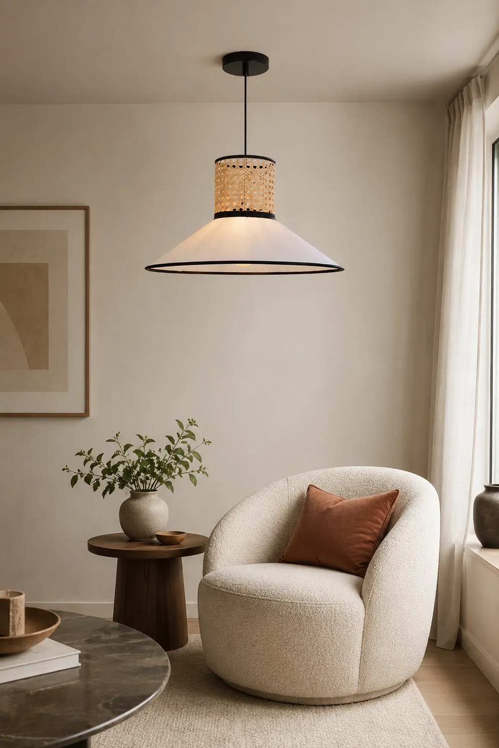 Ritta Modern Rattan/FabricPendant Light, White - Lumpaz