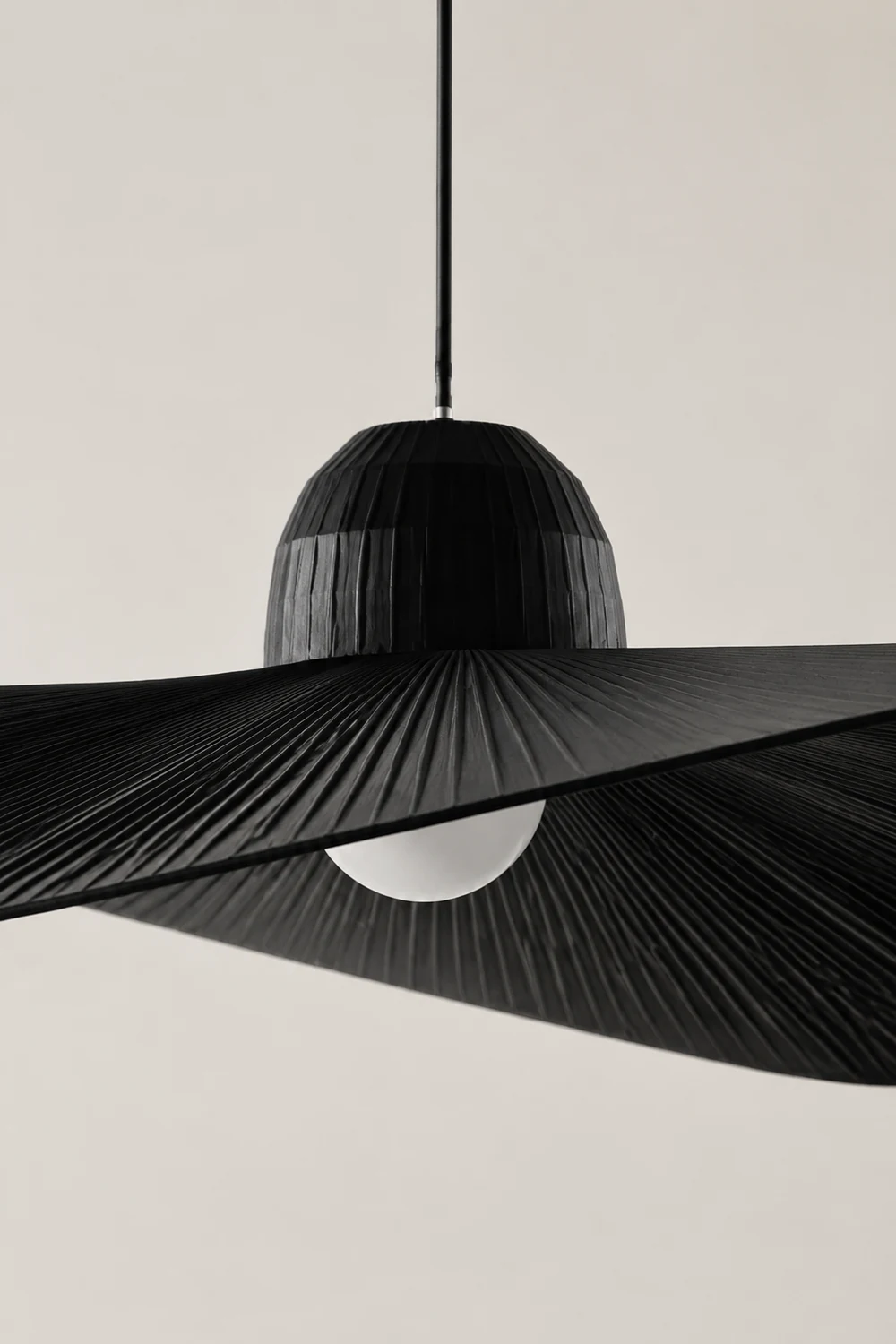 Renée Modern Woven Wide-Brimmed Hat Shape Metal/Fabric Pendant Light, Black/White - Lumpaz