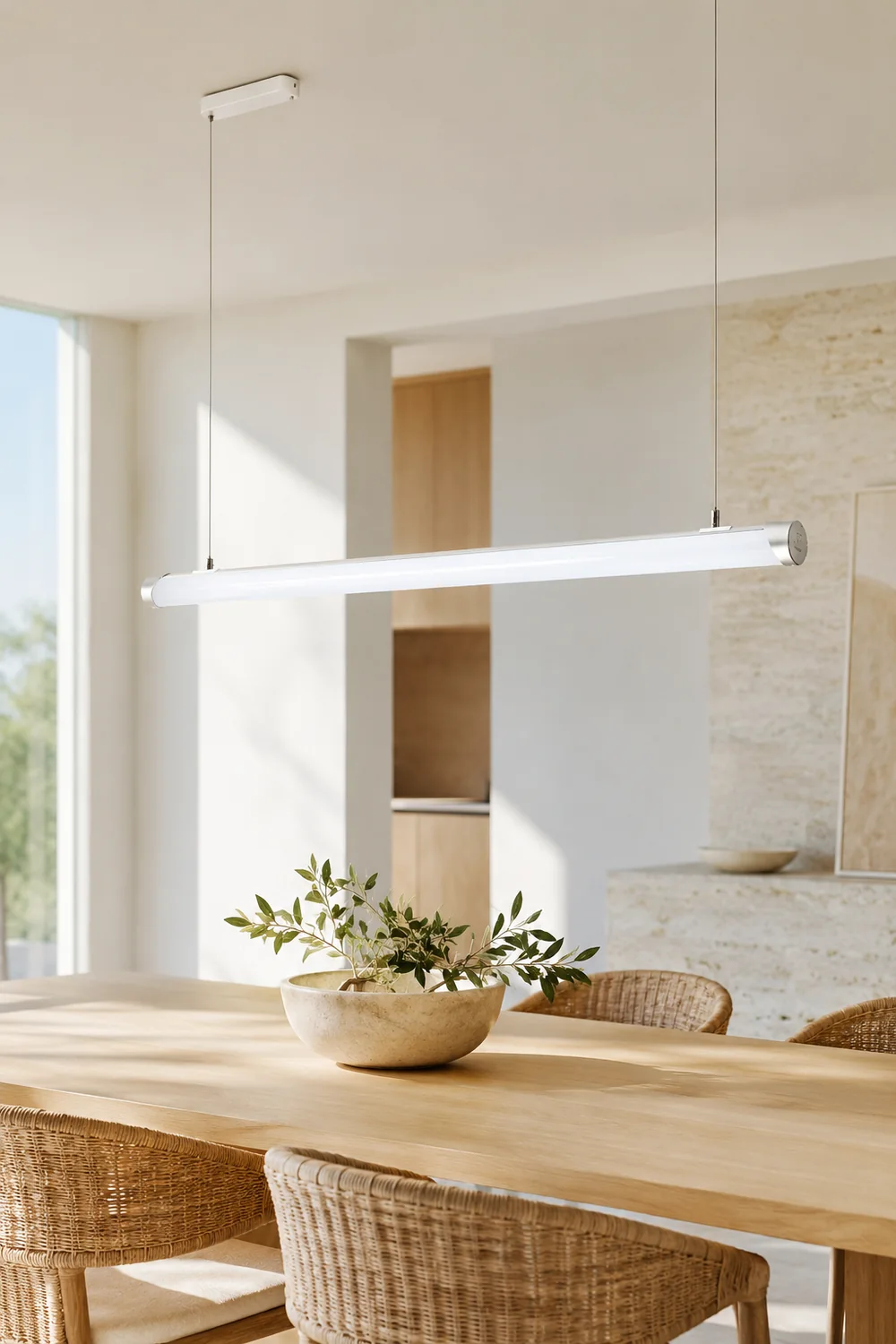 Minimalist Tube Glass/Metal Pendant Light, White, Dining Room - Lumpaz