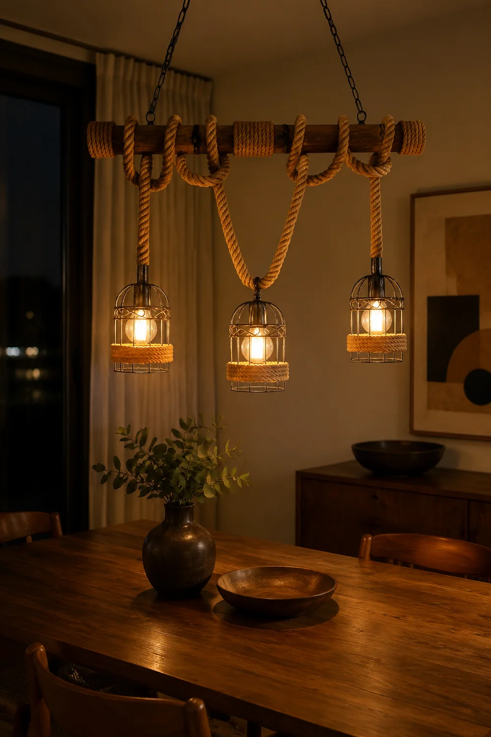 Alessio Vintage Wood Pendant Light, 3 Heads, Hemp rope&Metal - Lumpaz