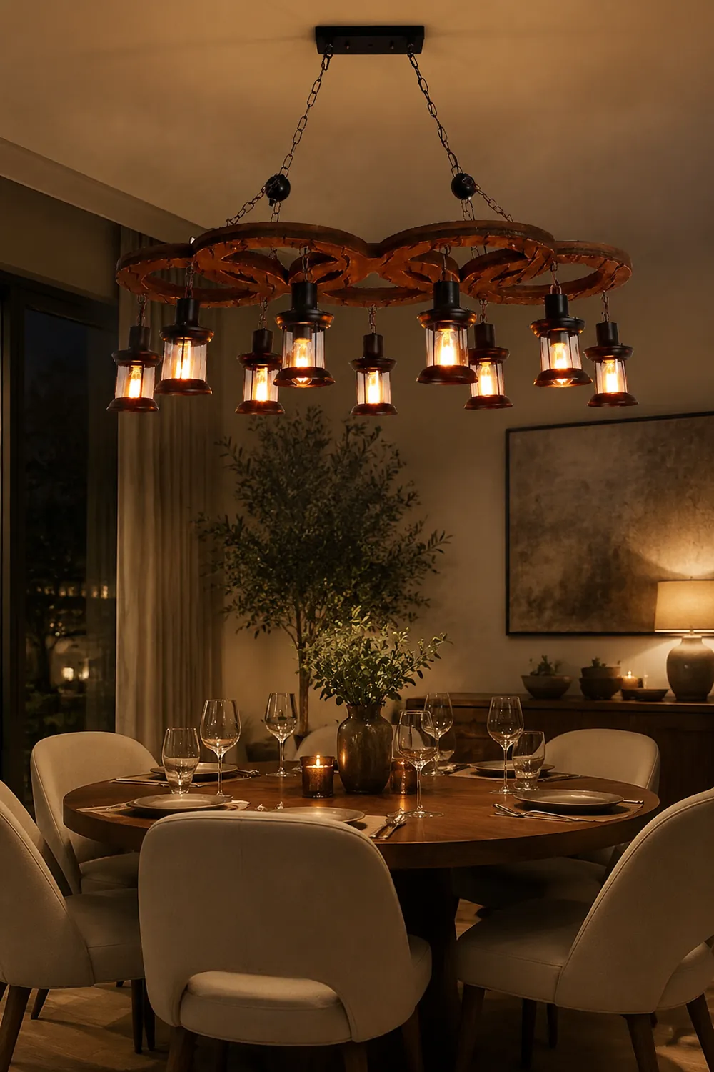 Austin Vintage 5 Ring Metal/Wood Pendant Light, Walnut - Lumpaz