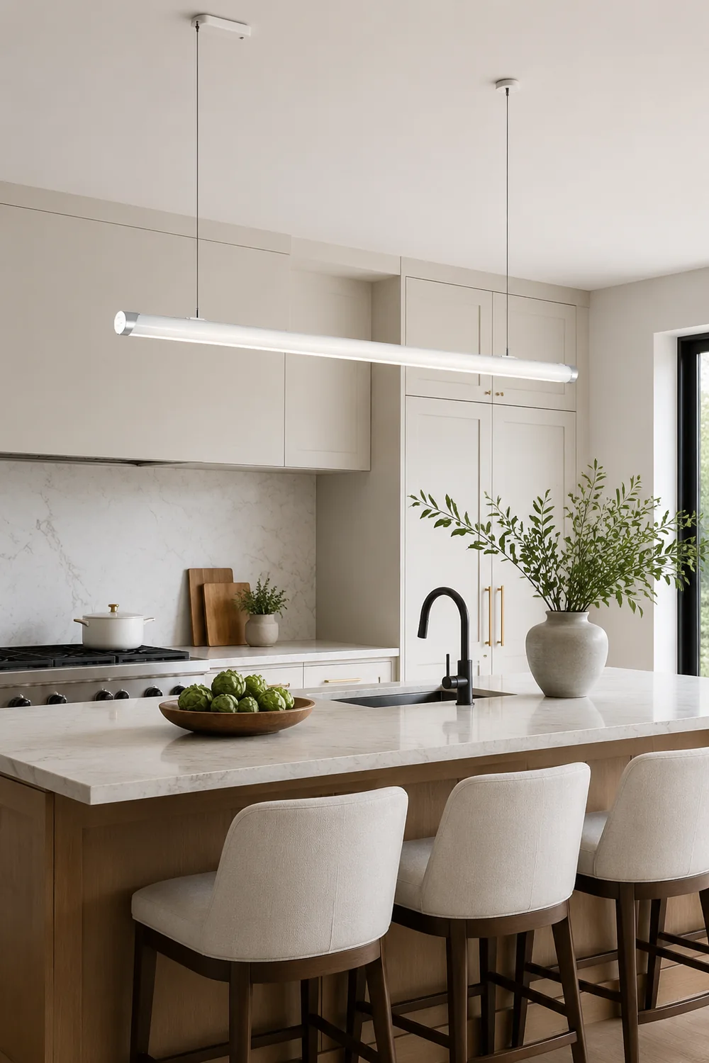 Minimalist Tube Glass/Metal Pendant Light, White, Dining Room - Lumpaz