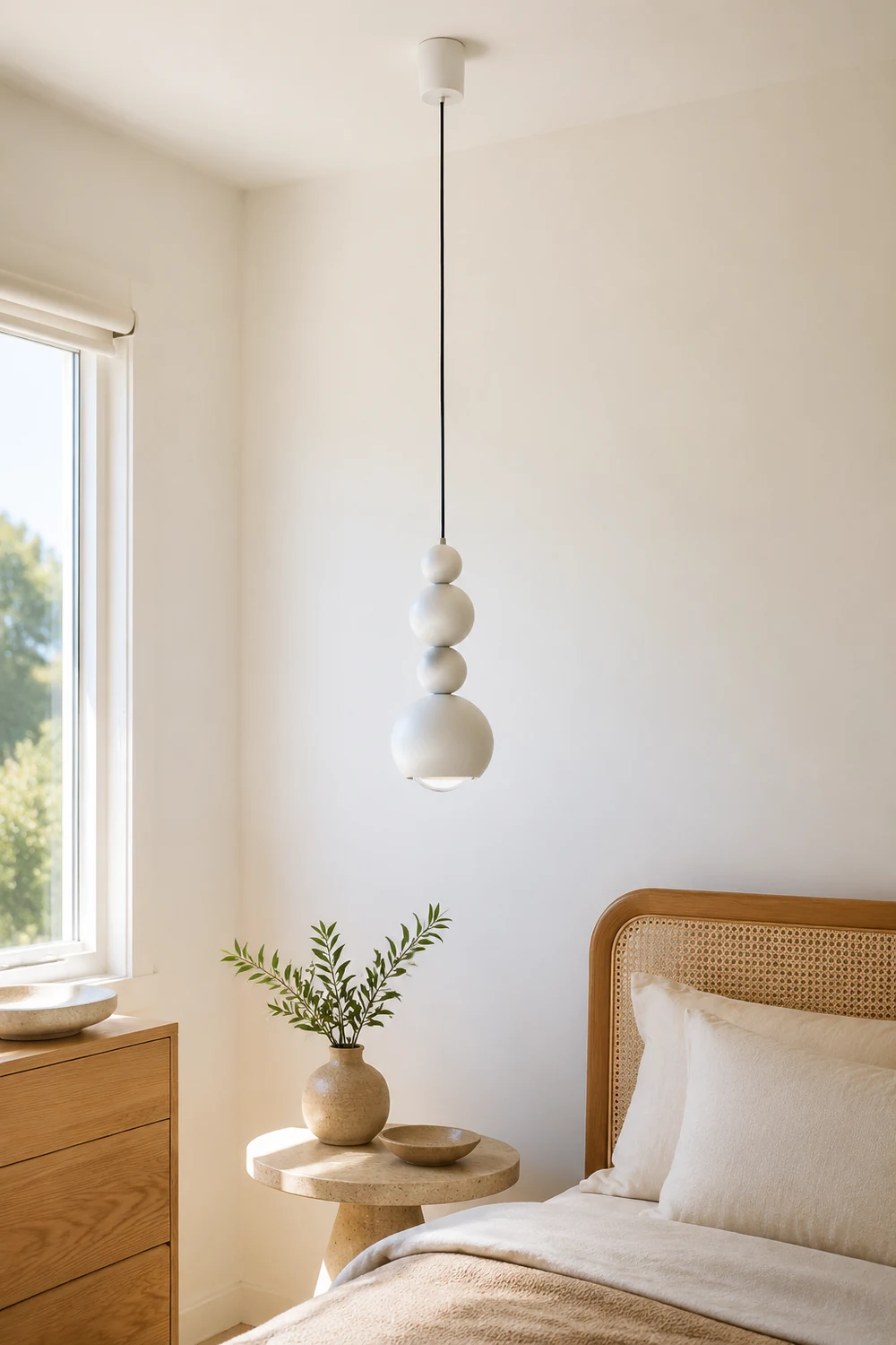 Muto Vintage LED Pendant Globe Light White Metal Wood Bedroom - Lumpaz
