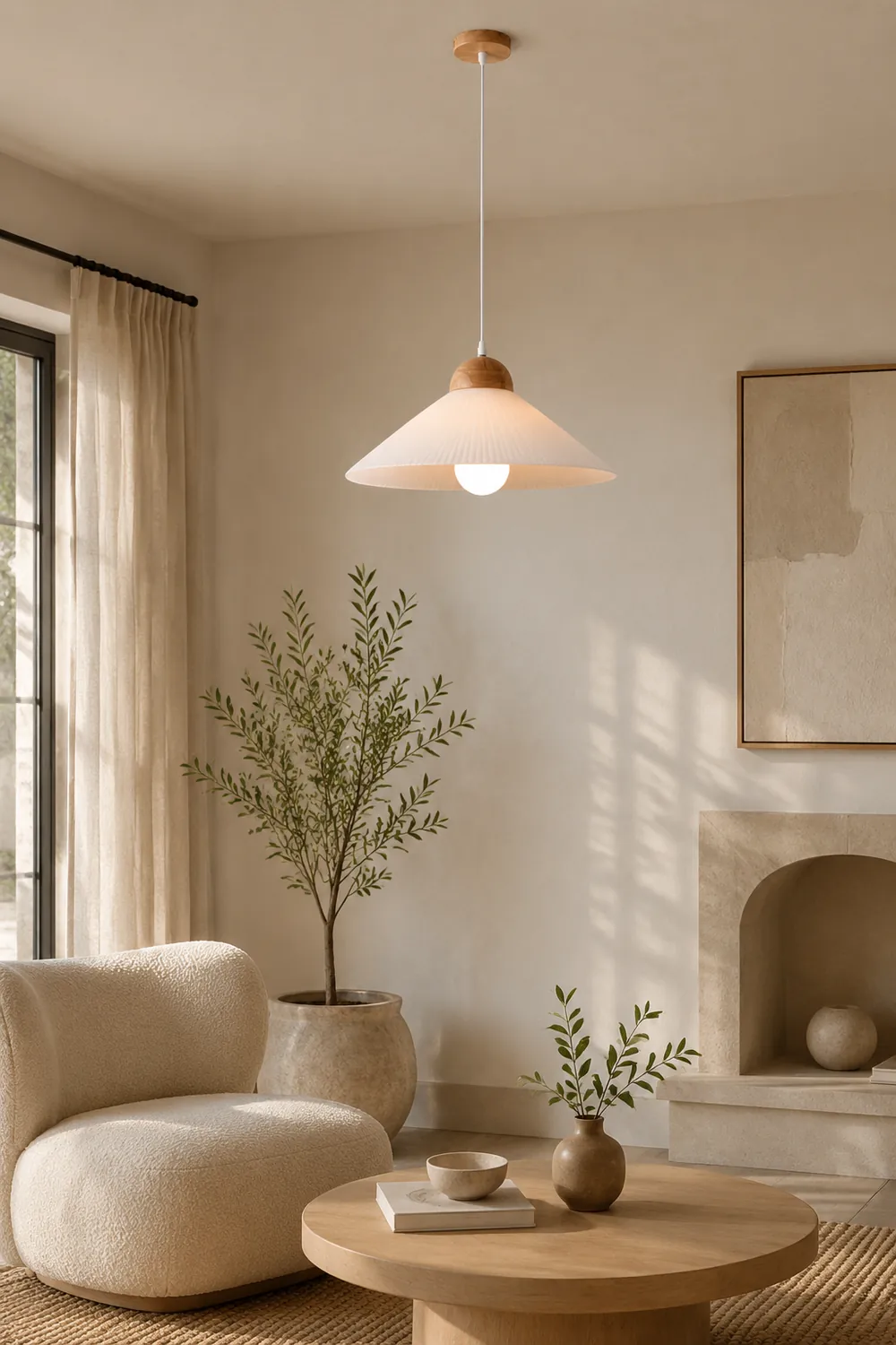 Ozawa Designer Pleated Brown Wood/Glass Pendant Light - Lumpaz