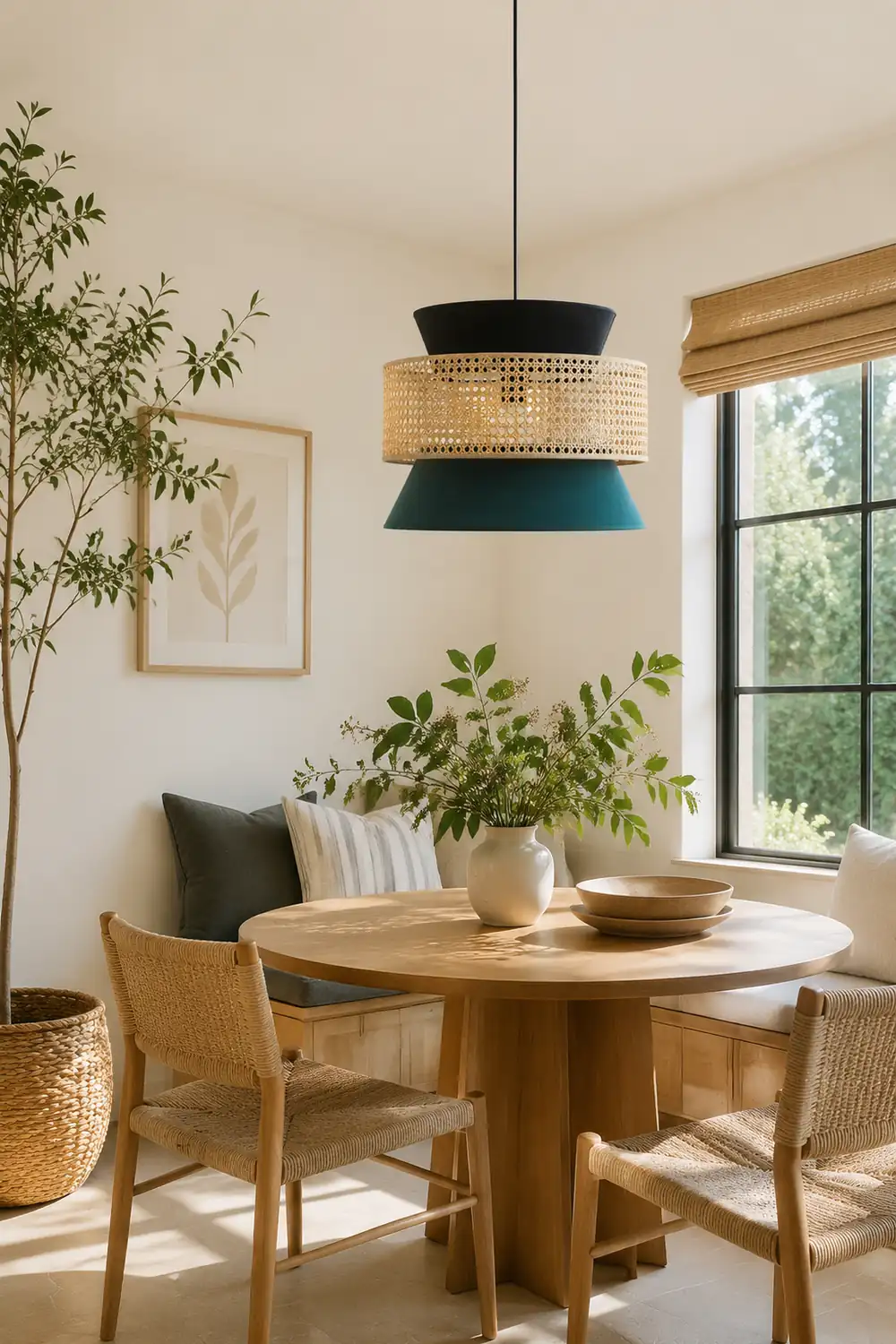 Ritta Retro Rattan/Fabbric Pendant Light, Dark Green - Lumpaz