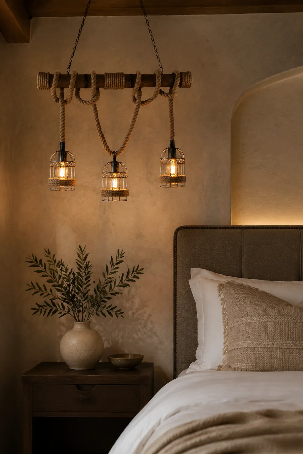 Alessio Vintage Wood Pendant Light, 3 Heads, Hemp rope&Metal - Lumpaz