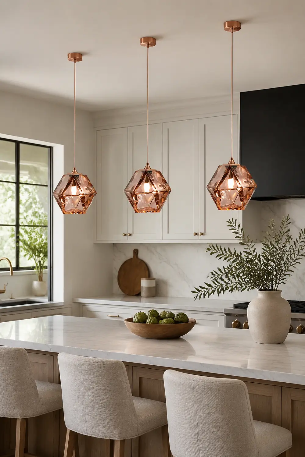 Hailie Modern Glass Multi Polygonal Pendant Light, White/Smoke Gray/Rose Gold - Lumpaz