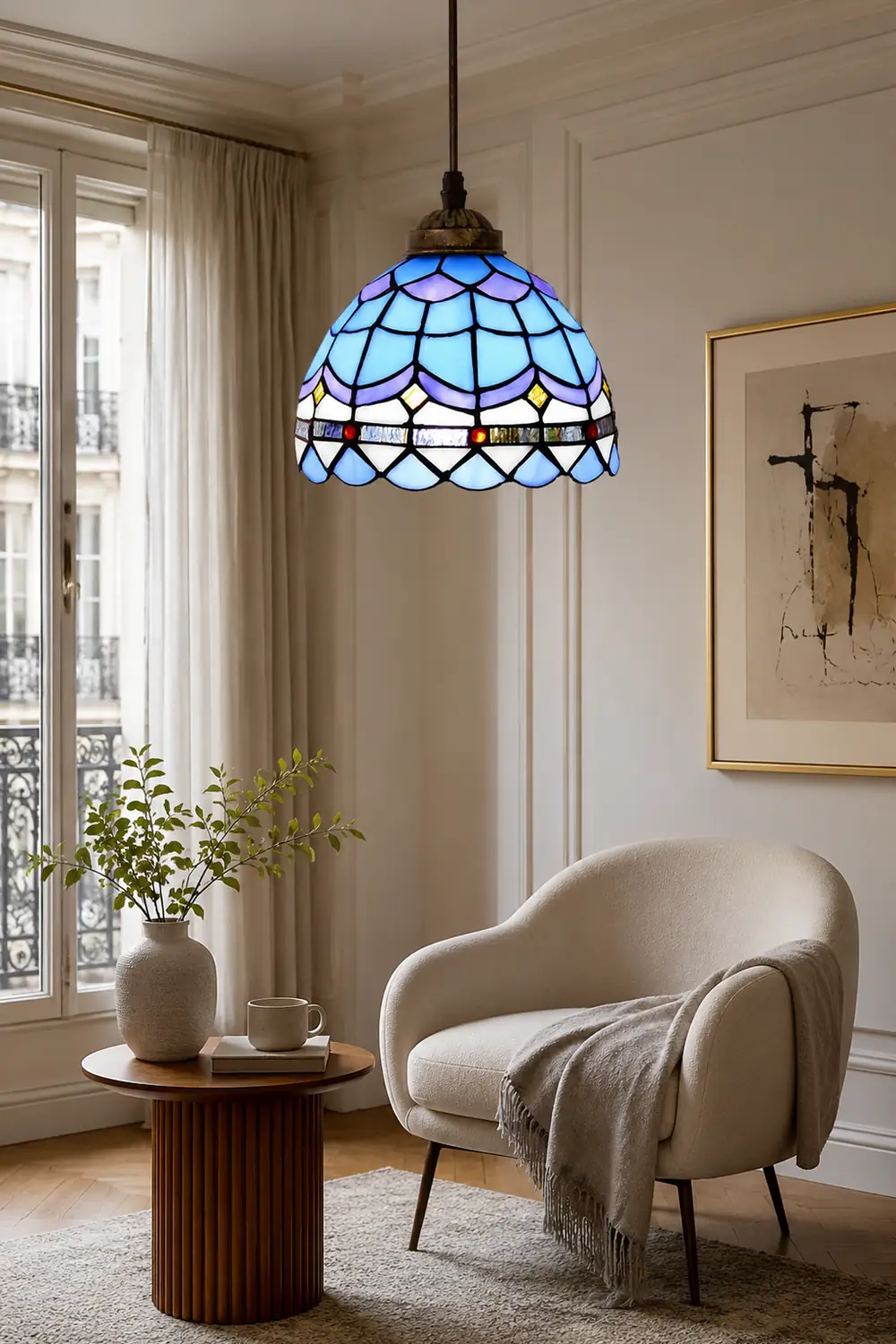 Alessio Tiffany Multicolor Bell Pendant Light, Yellow/Beige/Brown/Khaki/Blue/Purple - Lumpaz
