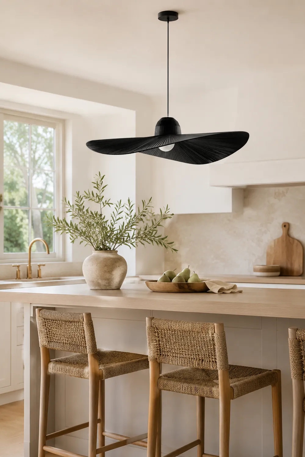 Renée Modern Woven Wide-Brimmed Hat Shape Metal/Fabric Pendant Light, Black/White - Lumpaz
