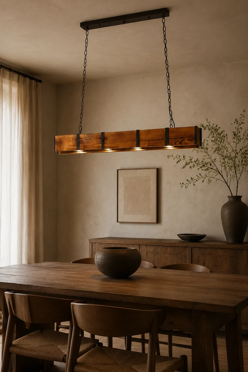 Alessio Vintage Linear Wood Pendant Light, Living Room/Restaurant - Lumpaz