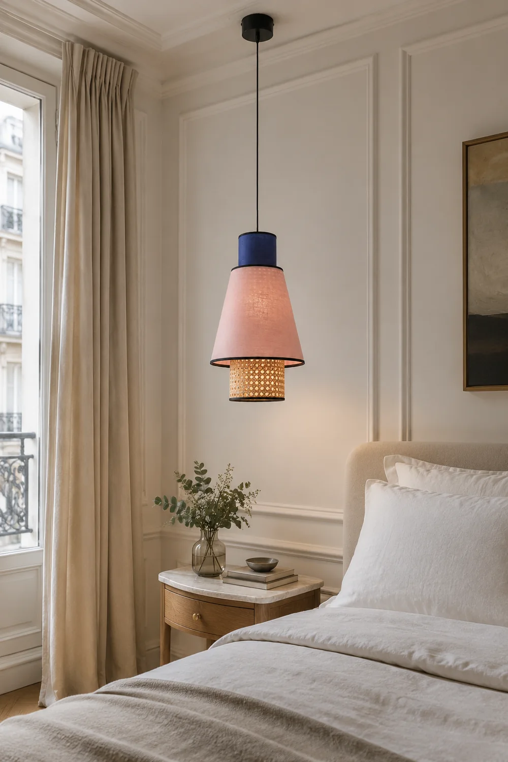 Ritta Cylindrical Fabric/Rattan Pendant Light, Pink/Royal Blue - Lumpaz