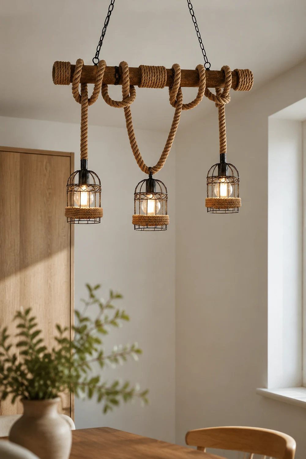 Alessio Vintage Wood Pendant Light, 3 Heads, Hemp rope&Metal - Lumpaz
