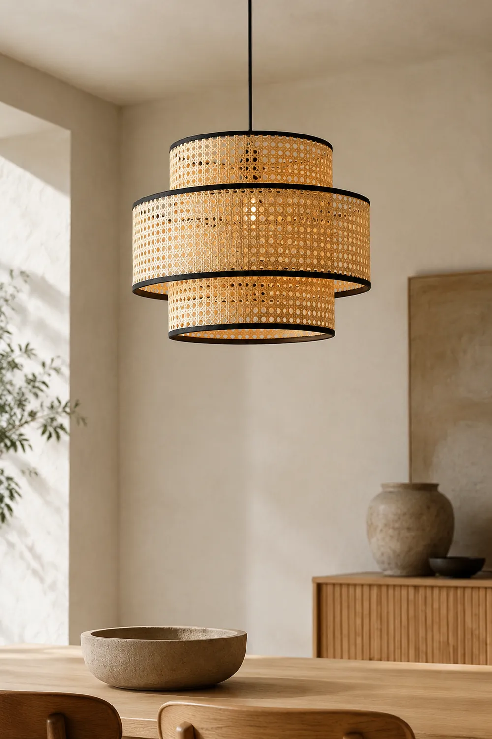 Ritta Japanese Rattan Pendant Light, Tri-Layer - Lumpaz
